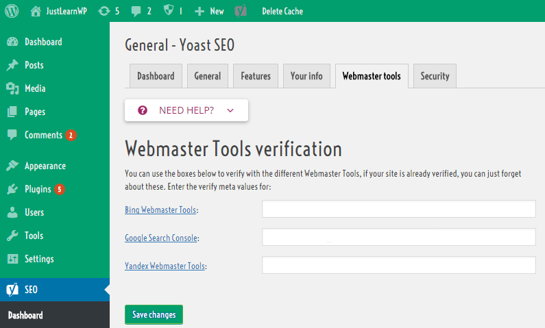 yoast SEO WordPress Webmaster tools settings