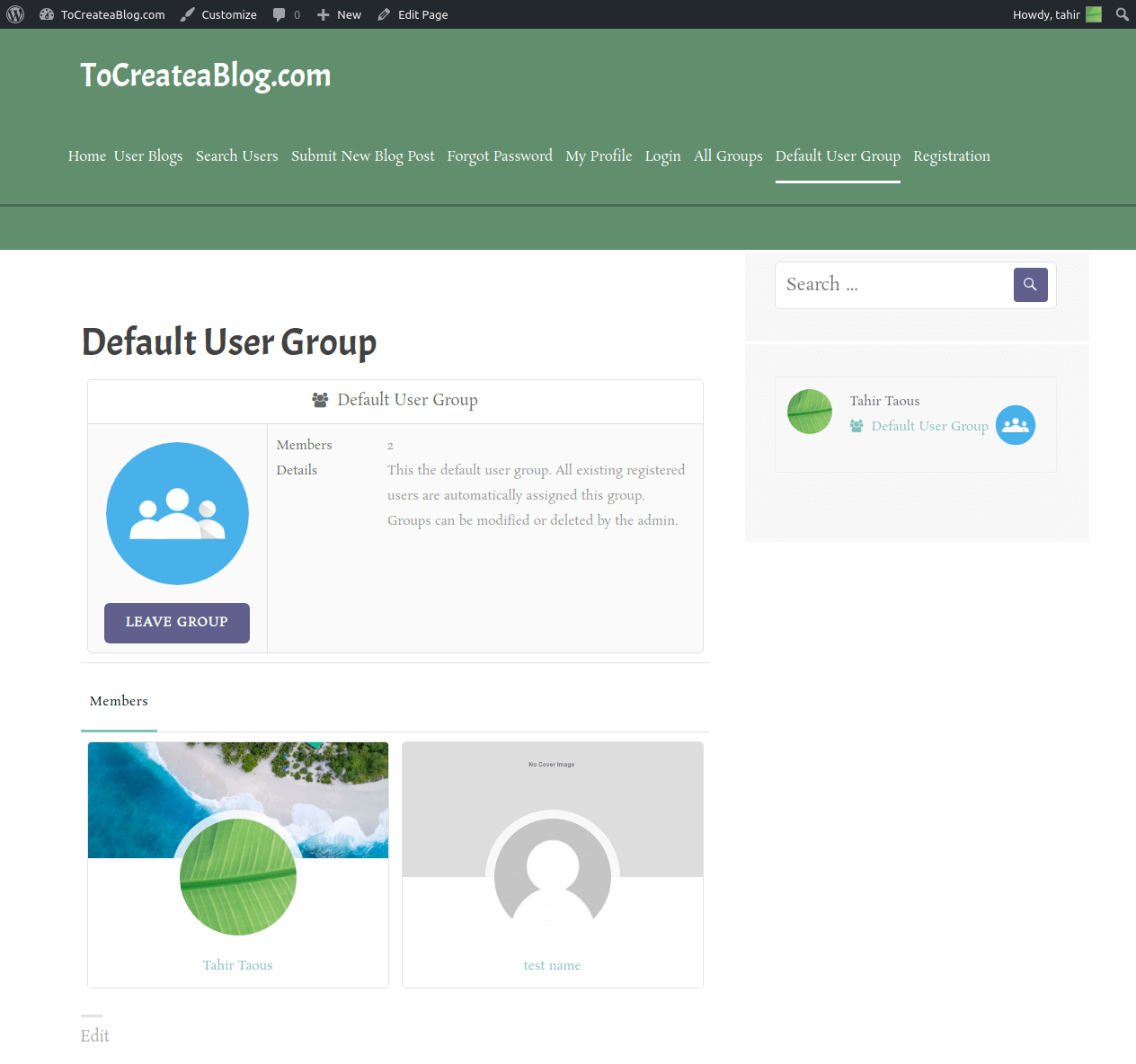 Default User Group page ProfileGrid