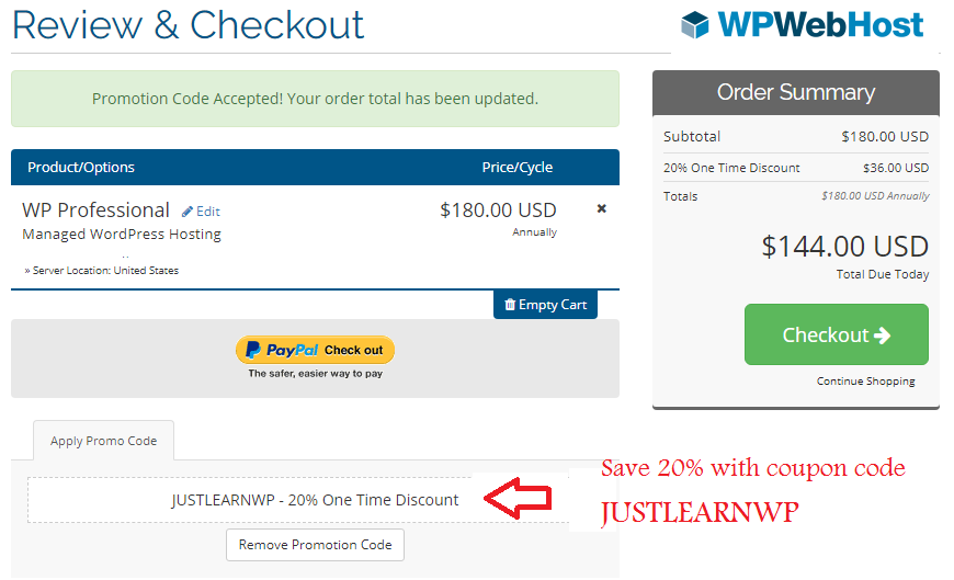 WPWebHost 20% Discount Coupon Code -  JUSTLEARNWP