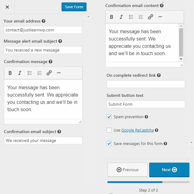 happyforms confirmation email settings