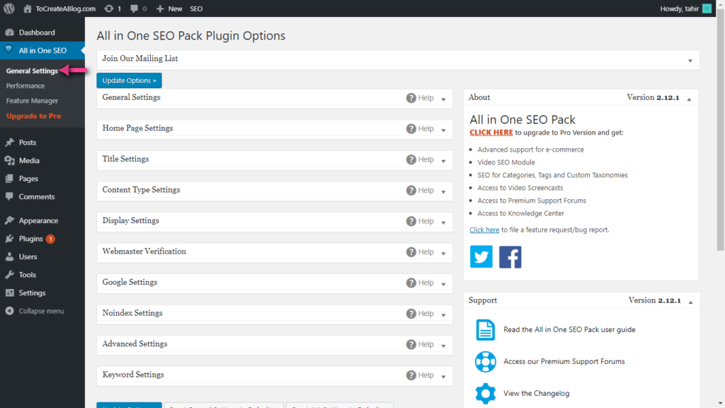 General Settings All in One SEO Pack