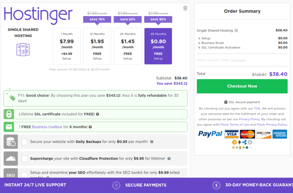 Hostinger cheap WordPress Hosting starting at $.08/month